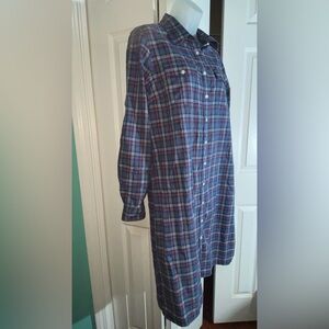 L.L. BEAN PLAID LONG SLEEVE BUTTON FRONT DRESS M BLUE/RED ROLLTAB SLEEVE   AA17